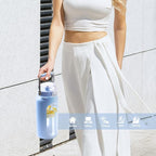 BLUEGO 64oz Water Bottle Glass with Stainless Steel Handle Large Water Bottle with Time Markers and Silicone Sleeve Half Gallon Water Jug BPA Free for Gym Daily Use, Blue