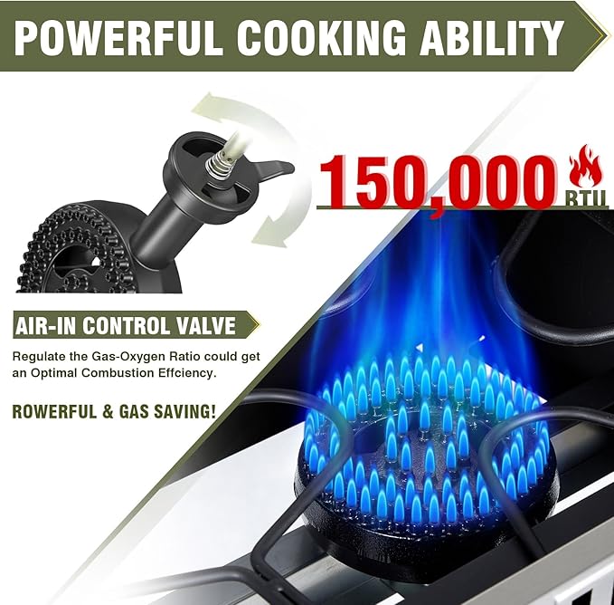 Bestfire 2 Burner Propane Stove Outdoor Camping Gas Stoves 150,000 BTU Auto Ignition with Regulator and Side Shelves Perfect for Patio Home Cooking and Frying