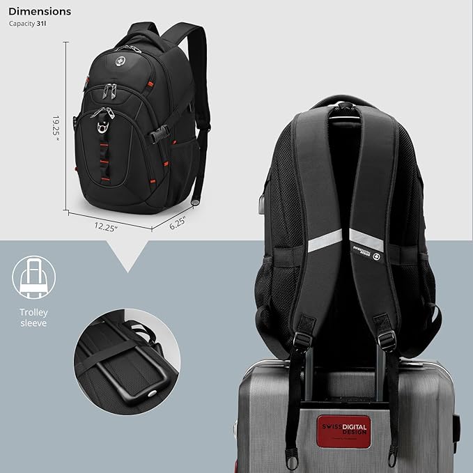 Swissdigital Design Laptop Backpack, Travel Backpack with USB Charging Port Fits 15.6 inches Computer, 31L College School Bookbag for Men, Black | SD803-01