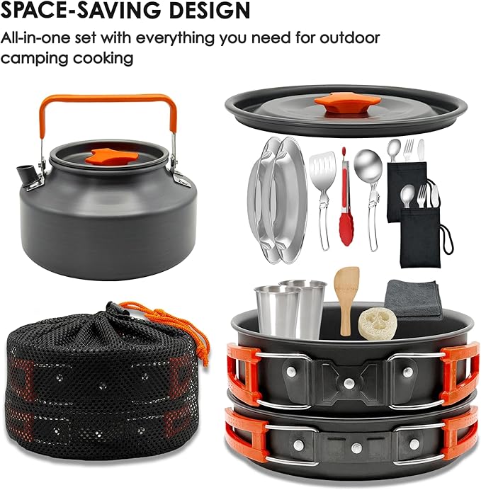 20Pcs Camping Cookware Mess Kit, Non-Stick Lightweight Camping Pots and Pans with 1.1L Kettle, 2 Set Stainless Steel Cups Plates Forks Knives Spoons for Backpacking, Hiking, Outdoor Cooking