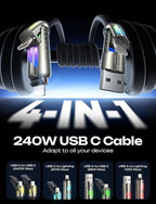 LISEN USB C to Lightning Cable, 240W 4 in 1 Charging Cable 10FT, Chubby USB A/C to C/Lightning with Light for iPhone 16e 16 15 14 Pro/MacBook/iPad/Samsung S25/Switch, Multi Chargers for All Devices