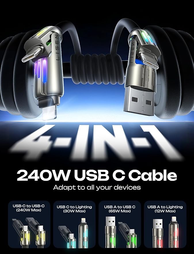 LISEN Chubby 4 in 1 Charging Cable (6.6FT) with Light, 240W Fast Charging Cable, USB A/C to C/Lightning Multi Charging Cable for iPhone 16 15 14 13 12 Pro Max, MacBook, iPad, Samsung, Black