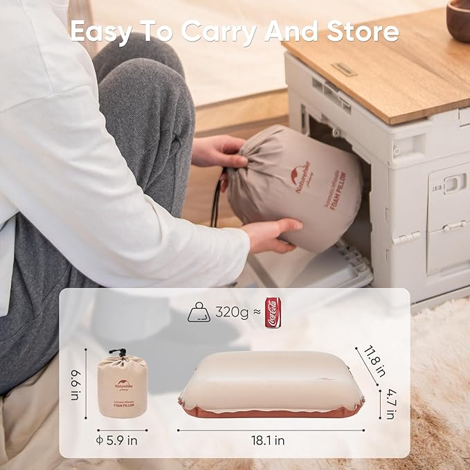 Naturehike Camping Pillow with Memory Foam, Self-Inflating Portable Pillow, Camping Essentials, Ergonomic for Neck Support, Travel Pillows for Camping, Airplanes, Hiking, Backpacking, Hammock