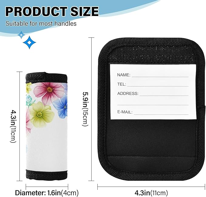 4 Pack Flowers Luggage Handle Wrap, Detachable Luggage Tag, Neoprene Suitcase Wrap with Comfort Grip & Bright Identifier for Suitcase, Travel Bag, Sports Bag