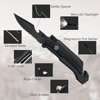 8.5" Military Outdoor Hunting Camping Pocket Knife, 7 in 1 Multi-Function Folding Knives with Fire Starter LED Light Seatbelt Cutter Glass Breaker Bottle Opener Tactical Blade (Black)