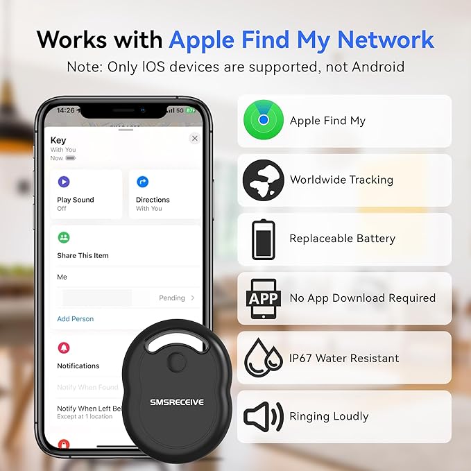 Tracker Tags-6 Pack [Apple MFI Certified], Smart Bluetooth Tracker Works with Apple Find My APP (iOS Only, Not for Android), Key Finder and Item Locator Smart Tag for Keys, Luggage, Backpack(Black)