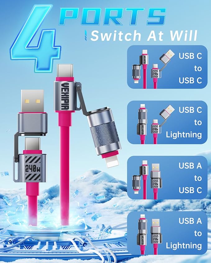 4 in 1 USB C Cable 240W 5FT Fast Charging & Data Transfer, Thicker Silicone Multi Charger Cord for iPhone iPad Charger Wire Combo with L/Type C/USB A for iPhone 16/15/Macbook (Pink)