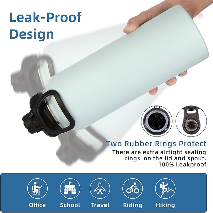 Volhoply Insulated Water Bottles Bulk 8 Pack, 40 oz Stainless Steel Sports Bottle with Paracord Handle Spout Lid, Double Walled Vacuum Metal Travel Cups with Wide Mouth for Adults Hiking(Fog,8 Set)