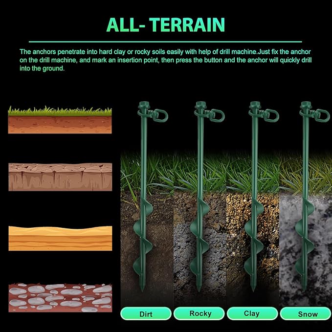 Zhengmy 8 Pcs Ground Anchors Screw in, 12 Inch Heavy Duty Tent Stakes with Trampoline Anchor Hook Ground Stakes for Camping Tent Canopies Ports Sheds Swing Sets Securing Animals (Green)