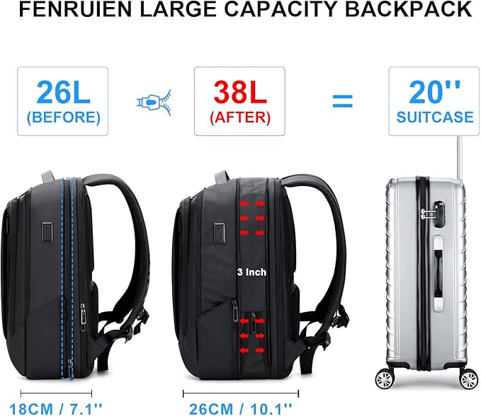 FENRUIEN Business Travel Backpack for Men, Expandable Water Resistant Computer Backpack with USB Port, Black Laptop Backpack 15.6 Inch for College/Work