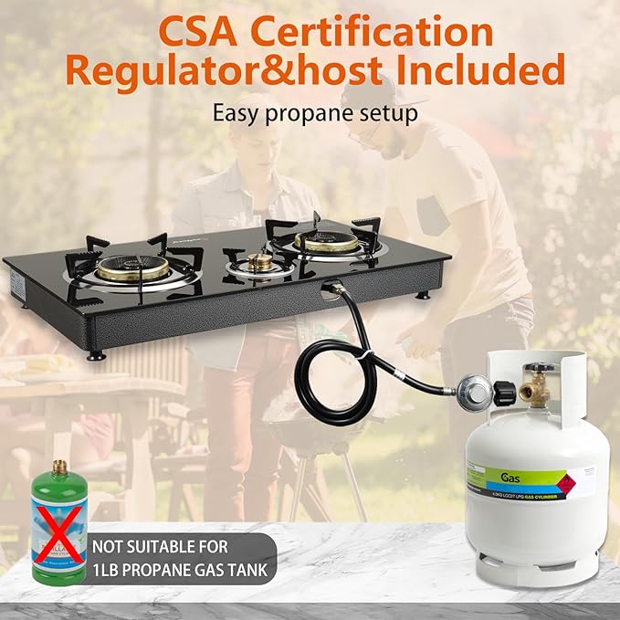 Propane Stove 3 Burner Gas Stove, 34000 BTU High-Efficiency Auto Ignition Tempered Glass LPG Cooktop with CSA Regulator and Hose – for Outdoor Camping, RV, and Emergency Cooking