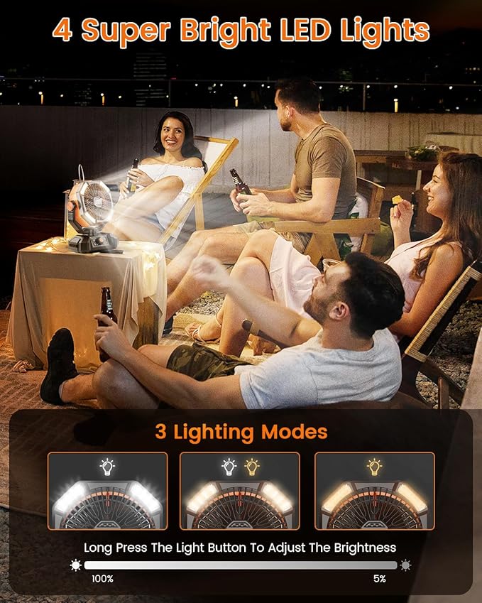 Camping Fan, 20000mAh Battery Powered Fan with LED Lantern, Rechargeable Battery Operated Oscillating with Remote Hook, 8 Speeds Outdoor Fans for Teny, Picnic, Fishing, Travel, Jobsite