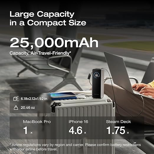 EF ECOFLOW Rapid Power Bank, 25,000mAh, 170W, 100W Built-in and Retractable Cables, Portable Charger with Triple 100W USB-C Port, Compatible with iPhone Series, Samsung, Laptop and More, Silver