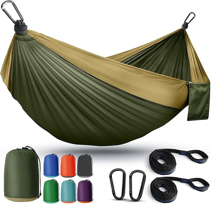 Camping Hammock Lightweight, Portable Hammocks Parachute Hammock with Two Tree Straps, Single or Double Travel Swing Nylon Camp Hammocks, Outdoor Essentials for Beach Backpacking Hiking, Orange