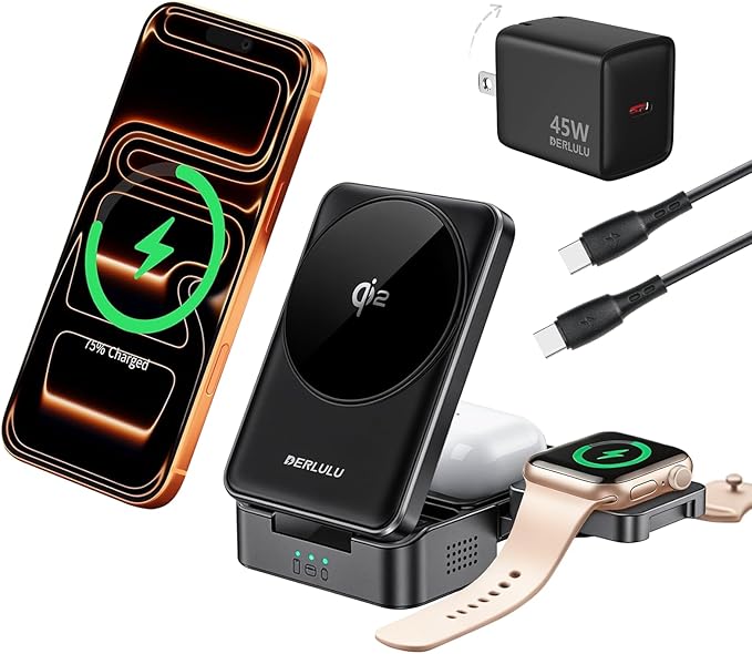 Foldable 3-in-1 Wireless Charger for Apple Devices, Qi2 15W Magnetic Fast Charging Dock for iPhone 17/16, Apple Watch, AirPods and More, (45W USB-C Charger & 5ft Type-C Cable Included)