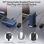 8-Port iPhone Charger Fast Charging 200W with Flat Plug, Braided Power Cord, and On/Off Switch- USB Charging Hub for iPhone, iPad, MacBook and More- 65W C Port Power Adapter for Laptops