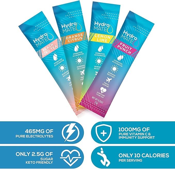 HydroMATE Electrolyte Powder Variety Pack Hydration Packets Low Sugar 16 Count