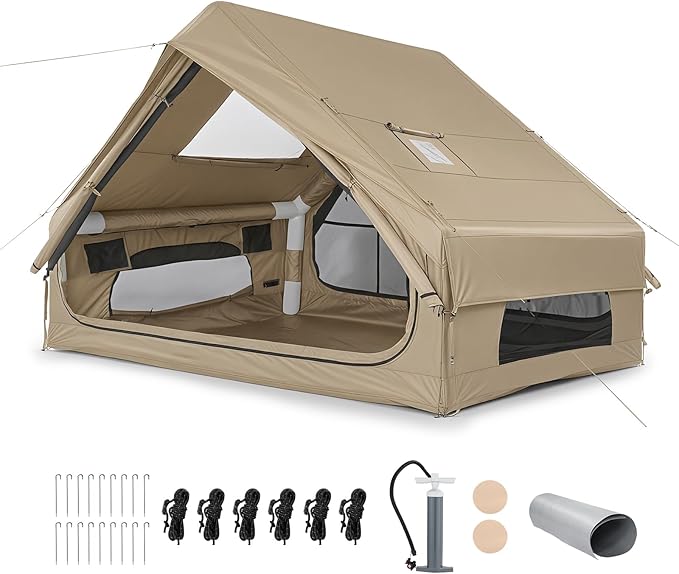 VINGLI Inflatable Camping Tent, All-Weather Inflatable Hot Tents with Stove Jack, Blow Up Tent for Camping with Mesh Doors & Windows, Inflatable Air Tents for Camping Adult