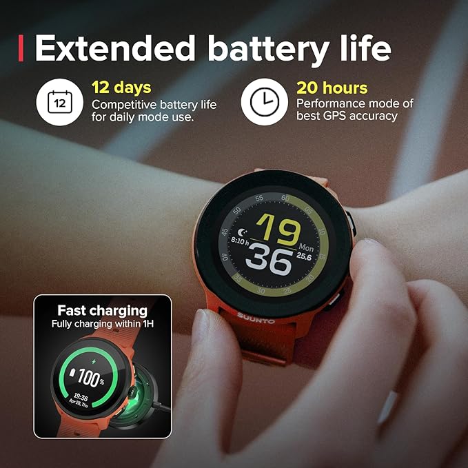 SUUNTO Run Sports Watch, 1.32" AMOLED Touchscreen w/Crown Button, 12D Battery Life, Dualband Accurate GPS, Wrist Heart-Rate & Sleep Health Tracking, 35g Lightweight & 4GB Offline Music, Coral Orange