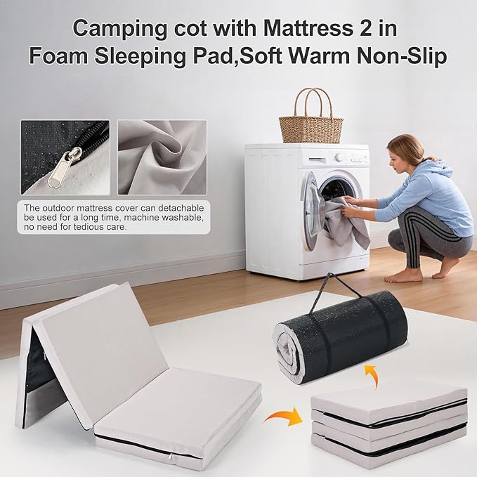 ABORON XXL Camping Cot with 2in Memory Foam Mattress, 900LBS Heavy Duty Sleeping Cot for Adults, Extra Wide Sleeping Cot, 1200D Double Layer Oxford Cot for Camping, Guest, Office Nap
