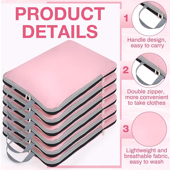 Hosuly 6 Pcs Large Compression Packing Cube Bag Travel Expandable Space Saving Organizers for Luggage Storage(Pink,17.3 x 12.6'')