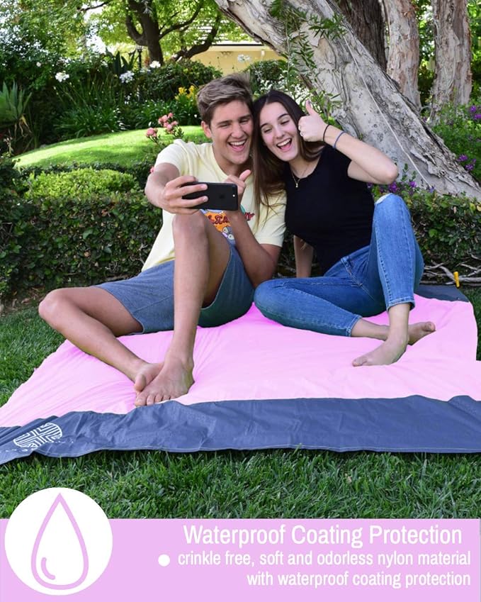 ECCOSOPHY Sand Proof Beach Blanket - 100% Waterproof Picnic Blanket 60x55 - Outdoor Compact Pocket Blanket - Lightweight Ground Cover for Hiking, Camping, Festivals, Sports, Travel- with Bag & Stakes