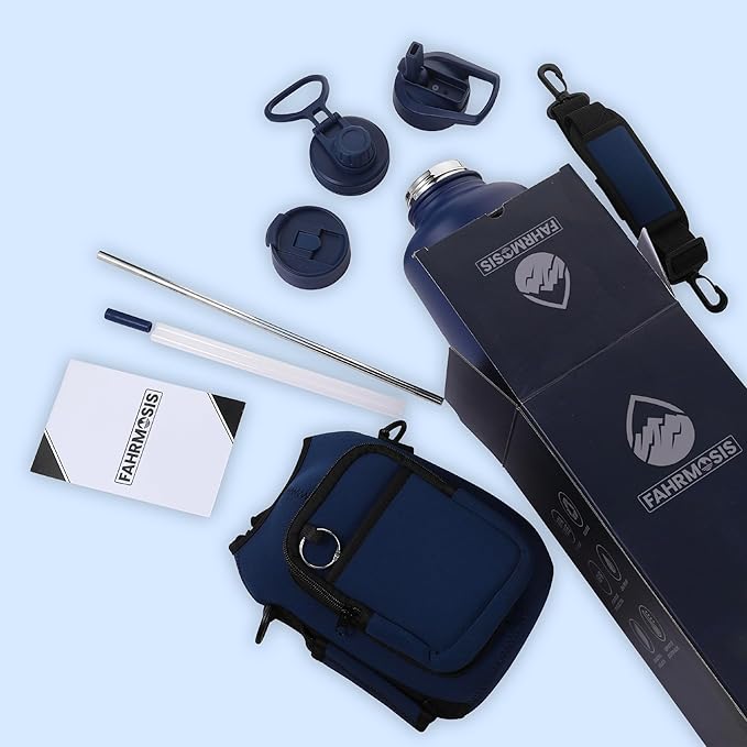 64 Oz Insulated Water Bottle with Strap Stainless Steel Sports Water Bottle with 3 Lids (Straw, Chug and Flip Lid) Leak Proof Metal Half Gallon Jug for Men & Women - Navy Blue