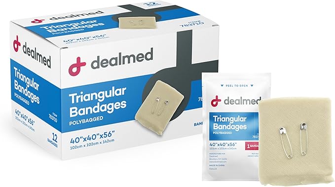 Dealmed Latex-Free Triangular Bandages – 12 Cotton Bandages with 2 Safety Pins, 40" x 40" x 56" Compression Bandage Wrap, Wound Care Product for First Aid Kit and Medical Facilities