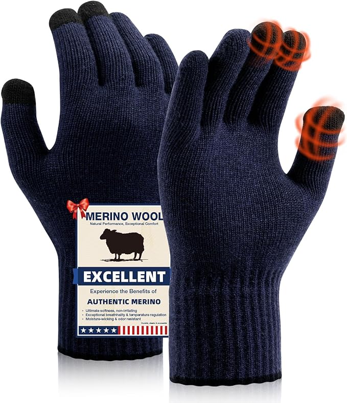 Merino Wool Gloves for Men Women, Touch Screen Warm Glove Liners Thermal Soft Knit Lining for Winter Running Hiking