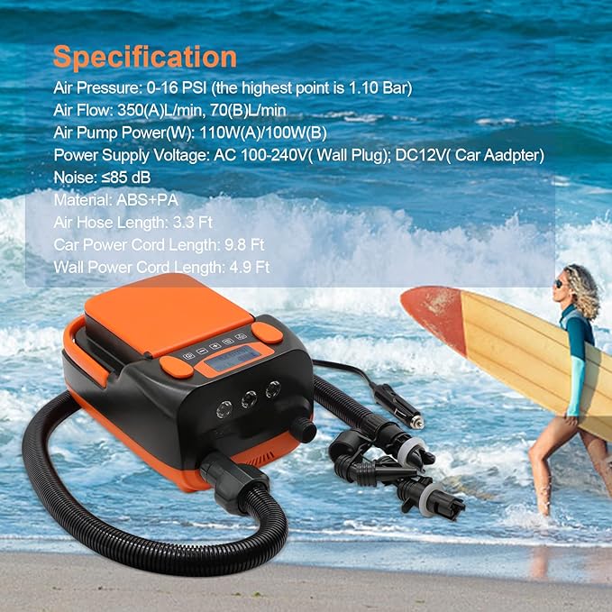 Rechargeable Sup Air Pump Electric Portable, 16PSI 12V with Battery, Stand Up Paddle Board Electric Pump Inflator/Deflator-Portable Air Compressor for Paddle Boards,Boat,Kayak