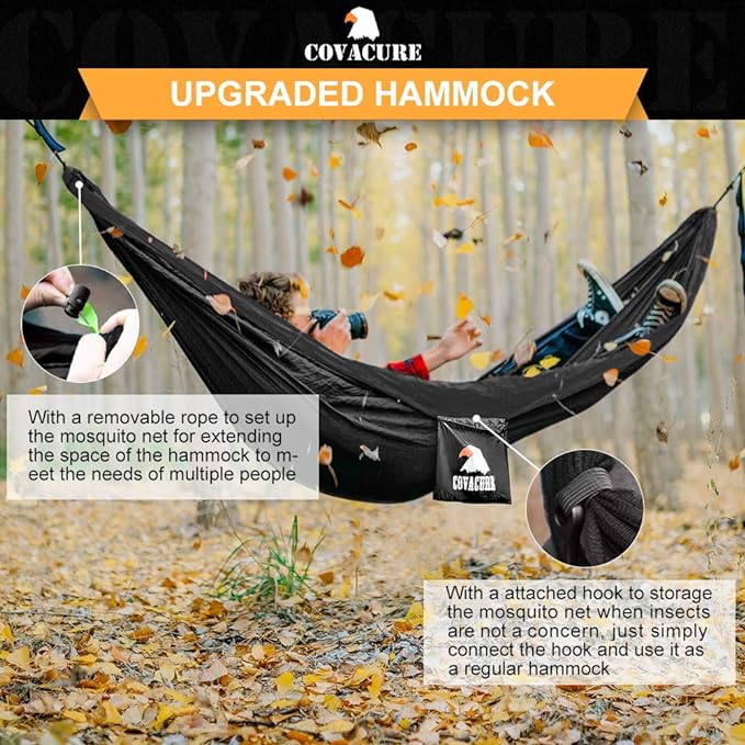 Covacure Camping Hammock - Lightweight Double Hammock, Hold Up to 772lbs, Portable Hammocks for Indoor, Outdoor, Hiking, Camping, Backpacking, Travel, Backyard, Beach(Black)