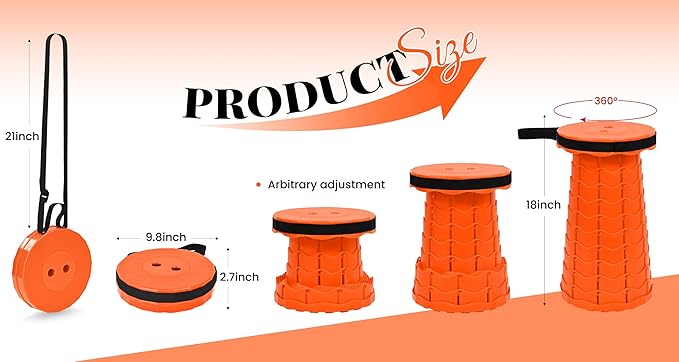 2 Pack Upgraded Collapsible Stool Folding Stool with Cushion,Retractable Folding Stool Max Load Capacity 400lbs, Portable Telescoping Stools for Camping Hiking Outdoor BBQ -Orange