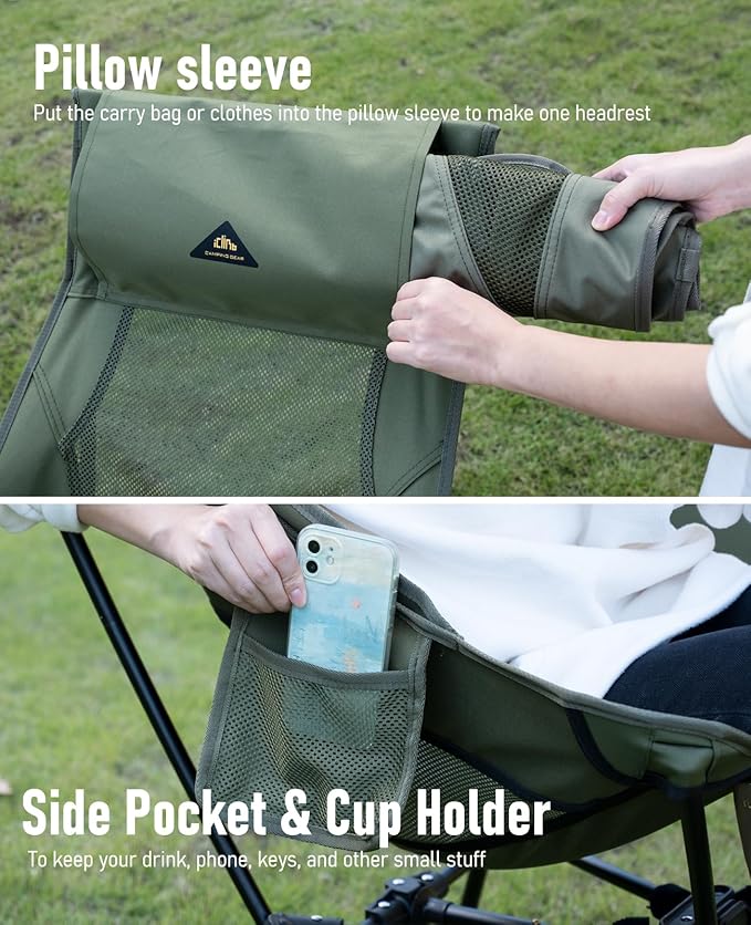 iClimb Ultralight Compact Camping Folding Beach Chair with Anti-Sinking Large Feet (Green - Triangular Frame High Back - 2PC)