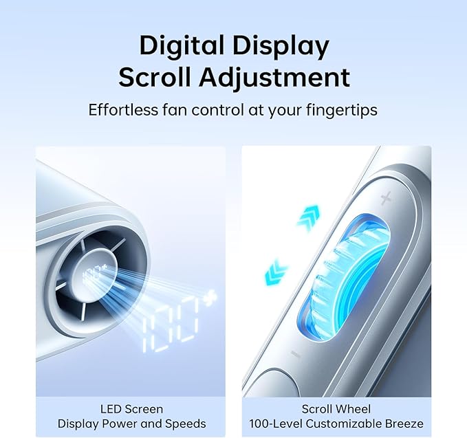 JISULIFE Portable Neck Fan, 100-Speed Adjustable 40000 RPM Personal Mini Necklace Wearable Belt Fan, 16H Rechargeable Battery 4500mAh with LED Display for Outdoor, Travel, Camping,Gifts- Blue