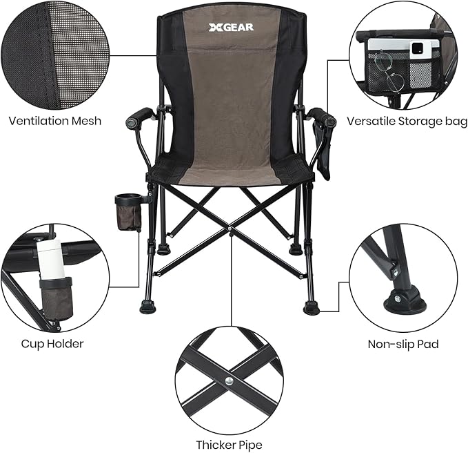 XGEAR Camping Chair Hard Arm High Back Lawn Chair Heavy Duty with Cup Holder, for Camp, Fishing, Hiking, Outdoor, Carry Bag Included