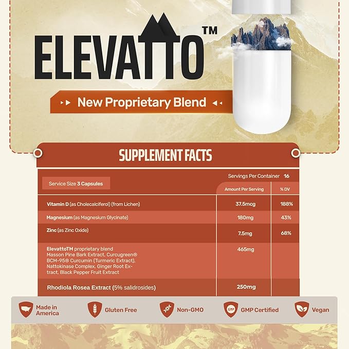 Altitude Sickness Prevention | Patches Alternative - Highly Bioavailable : Head Aches, Motion Sickness, Vertigo | Boost Oxygen w/ ELEVATTO Complex - The Gold Standard RX for High Elevation / Mountain
