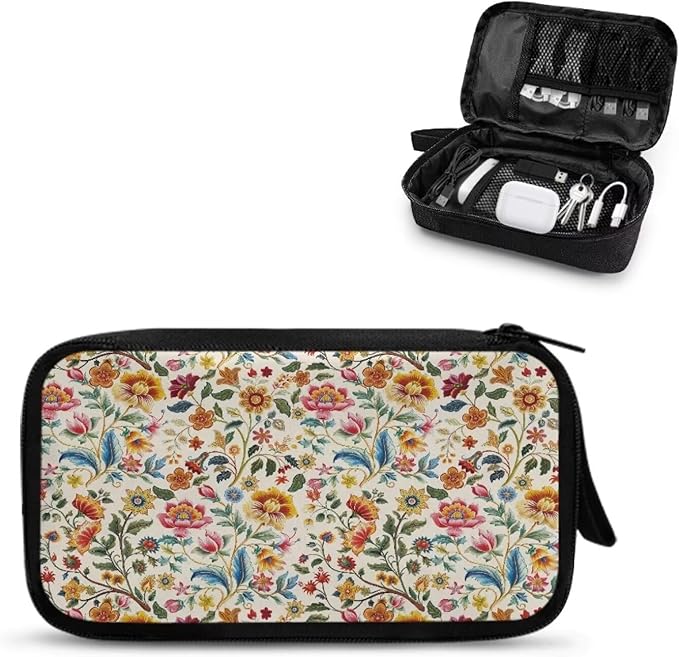 Bohemia Flower Print Electronics Organizer, Travel Cable Organizer bag, Portable Cord Storage/Charger Storage/Cable Storage, Compact Tech Bag & Charger Case