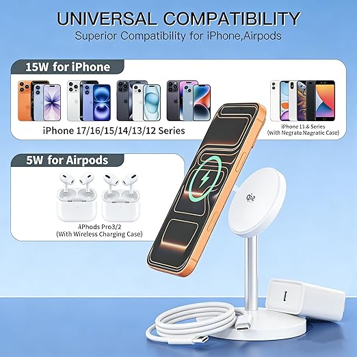 Magnetic Wireless Charging iPhone Stand,Qi2.2 Certified 25W Fast Mag-Safe Charging Stand Station Apple Magnet Wireless Charger with Plug for iPhone 17/17 Pro/Air/16/15/14/13/12 Series,AirPods Pro 3/4