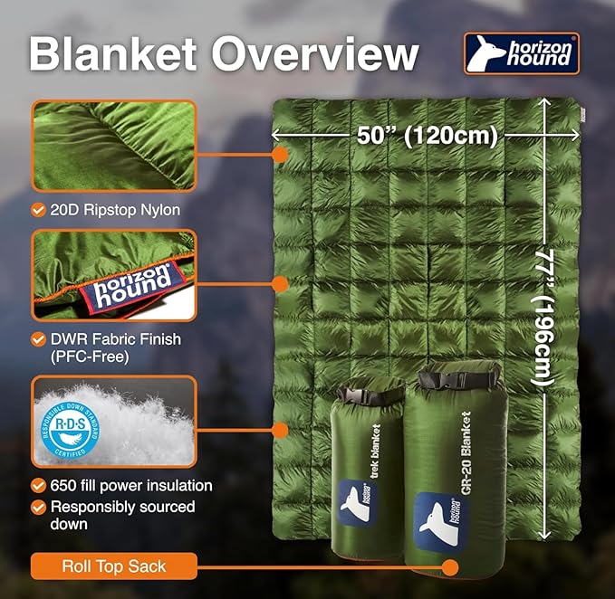 Horizon Hound Down Camping Blanket - Outdoor Travel Quilt | Sustainable, Insulated, Lightweight & Warm Gear for Sleep, Camping, Stadium, Hiking & Festivals | Water Resistant, Packable & Compact