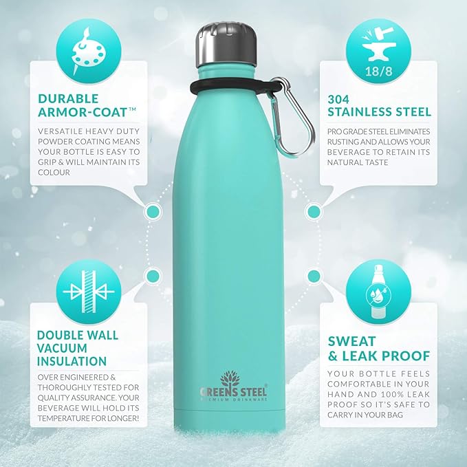 Greens Steel Stainless Steel Water Bottle - 17 oz, Blue | Vacuum Insulated Double Wall with Screw Lid/Leak Proof | Thermal Travel Sports Canteen Coffee Flask