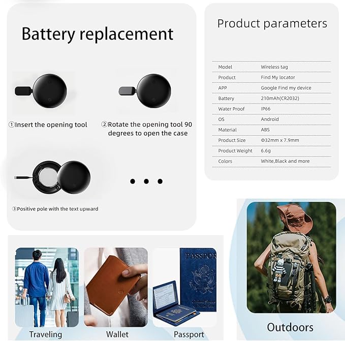 JieWeiXun Compatible Android Ultra-Thin Find My Device Tracker – IP66 Waterproof, 1-Year Battery, Global GPS Locator for Keys/Wallet/Luggage via Google Find My Network(Android, 1 PCS)