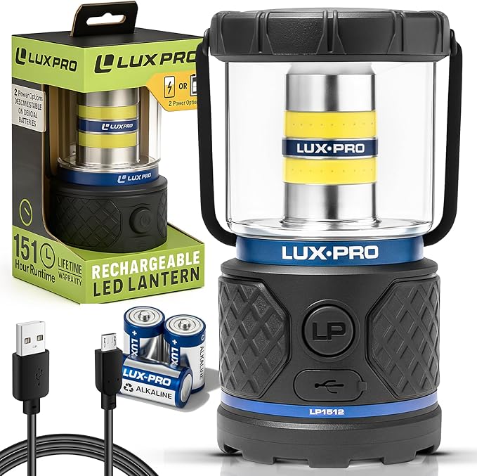 LUXPRO Rechargeable Dual-Power 1100 Lumen LED Lantern for Up to 150 Hours of Use - Camping Lantern with Built-in Power Bank - Dimmable LED Light with IPX4 Water-Resistant Rating (Camping Lantern)