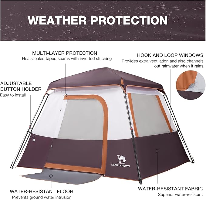 Camping Tents 4/6 Person Pop Up Instant Tent - Setup in 60s for Family Camping, Windproof Design, Family Cabin Tent with Rainfly & Backpack Carry Bag