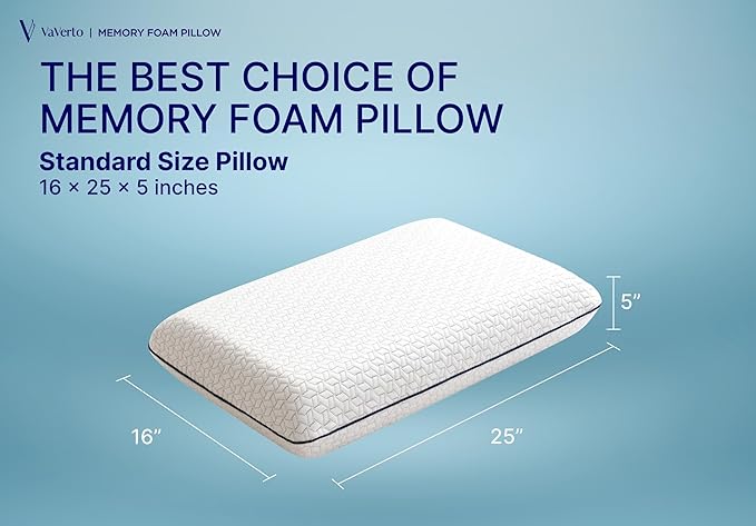 Vaverto Standard Size Gel Memory Foam Pillow - Ventilated, Orthopedic, Bed Pillow, Cooling, with Viscose Made from Bamboo Cover - Essential for College Dorms