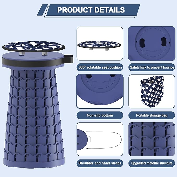 ALEVMOOM 2025 Upgraded 18.1" Collapsible Stool with Cushion & Carry Bag, 600lbs Max Weight Portable Telescoping Stool, More Sturdy Lightweight Retractable Seat Folding Chair for Camping & Outdoors