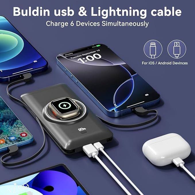 Magnetic 10000mAh Portable Charger for iWatch & iPhone, 22.5W USB C Fast Charging Wireless Power Bank Built-in Cables and Wall Plug, External Travel Battery Pack Compatible with iOS Android Devices