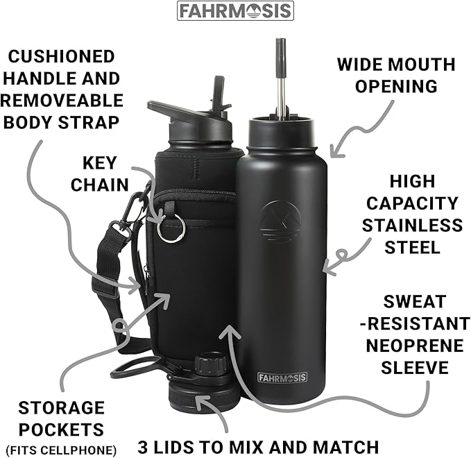 40 Oz Water Bottle with Strap Stainless Steel Sports Water Bottle with 3 Lids (Straw, Chug and Flip Lid) Insulated Leak Proof Metal Jug for Men & Women - Black