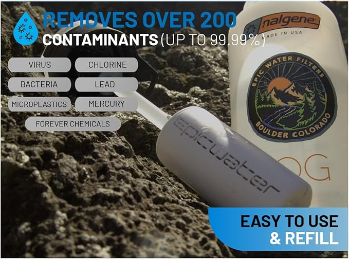 Epic Water Filters Vostok Stainless Steel Insulated Water Bottle and 75 Gallon Filter - Removes 99.99% of Water Impurities, 34oz,