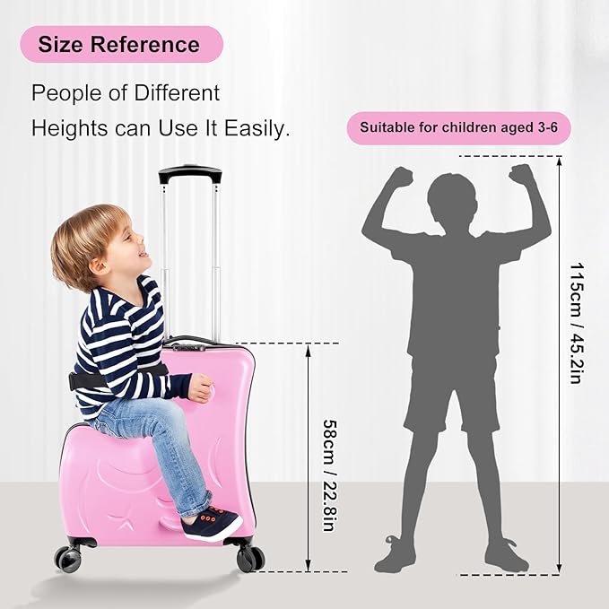 22 Inch Kid Ride Suitcase, Kid Luggage Seat Ride With Lock - Kids Travel Trolley With Safety Belt, Luggage For Kids Airplane Travel,Suitcase To Aged 1-6 Years Old,ABS+PC(Pink)
