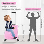 22 Inch Kid Ride Suitcase, Kid Luggage Seat Ride With Lock - Kids Travel Trolley With Safety Belt, Luggage For Kids Airplane Travel,Suitcase To Aged 1-6 Years Old,ABS+PC(Pink)